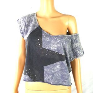 Hybrid Apparel Star Studded Acid Wash Crop Top Cap Sleeve Tee T Shirt Distressed